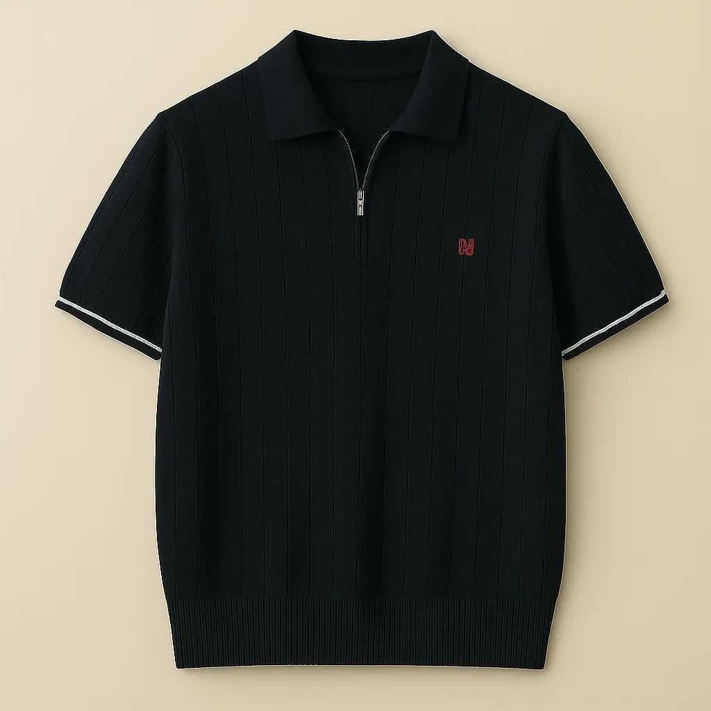Men's Luxury Knit Zip Polo Shirt - Vintage Old Money Aesthetic, Ribbed Cotton, Elegant Summer Smart Casual Top Navy