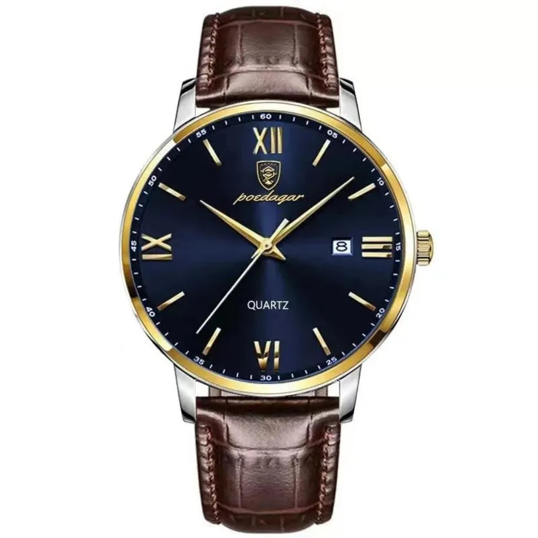 Men's Luxury Quartz Watch with Leather Strap & Luminous Dial – Elegant Waterproof Business Timepiece Gold Blue