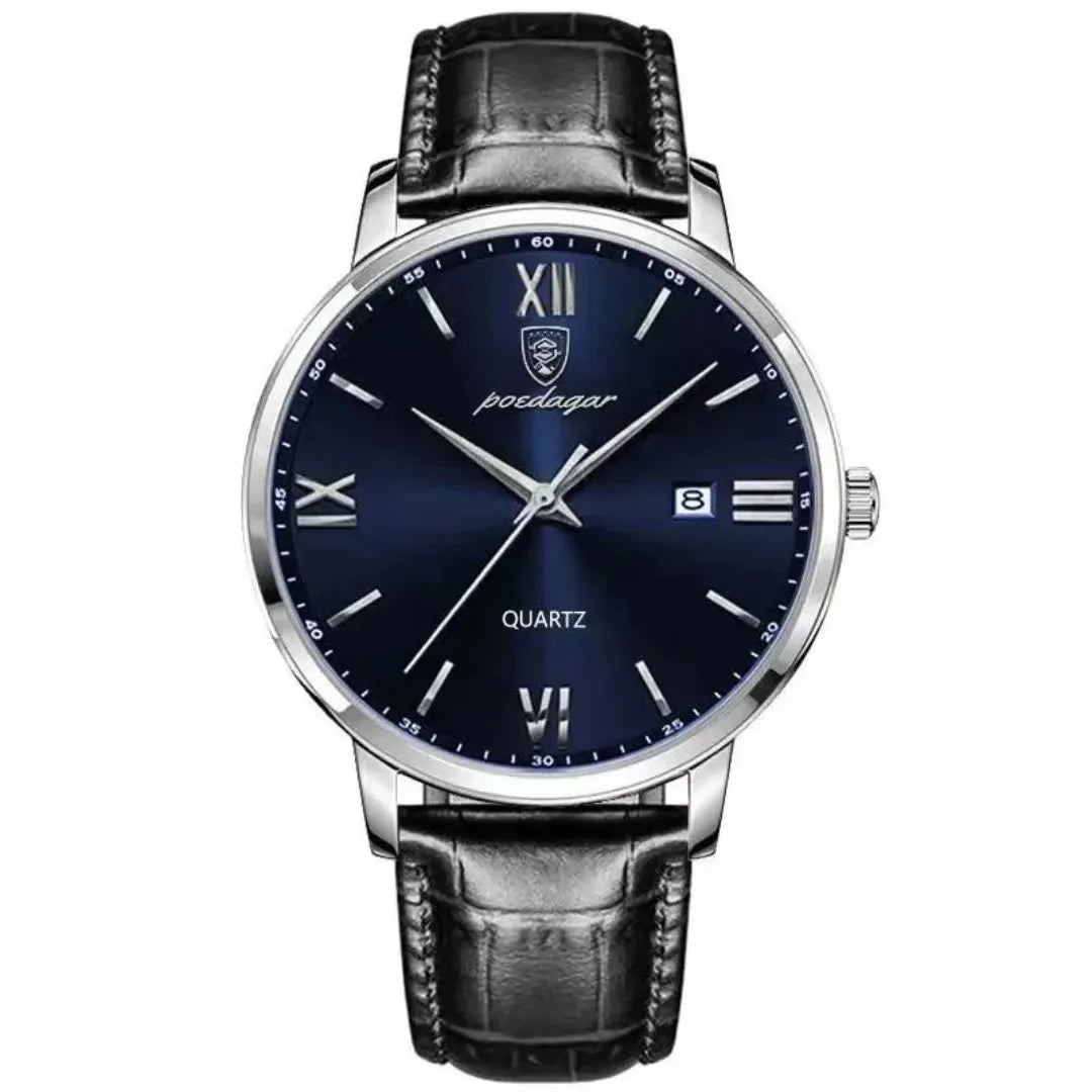 Men's Luxury Quartz Watch with Leather Strap & Luminous Dial – Elegant Waterproof Business Timepiece Silver Blue