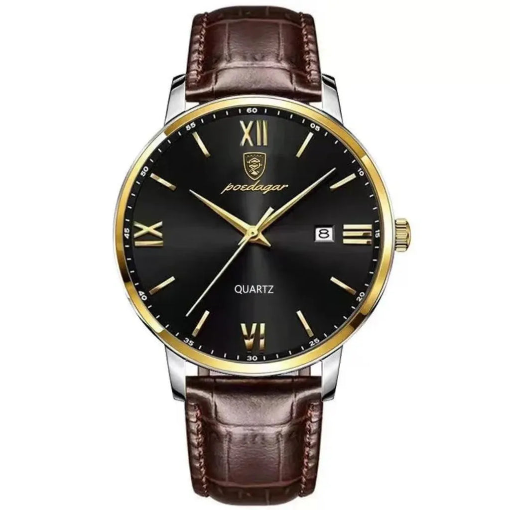 Men's Luxury Quartz Watch with Leather Strap & Luminous Dial – Elegant Waterproof Business Timepiece Gold Black