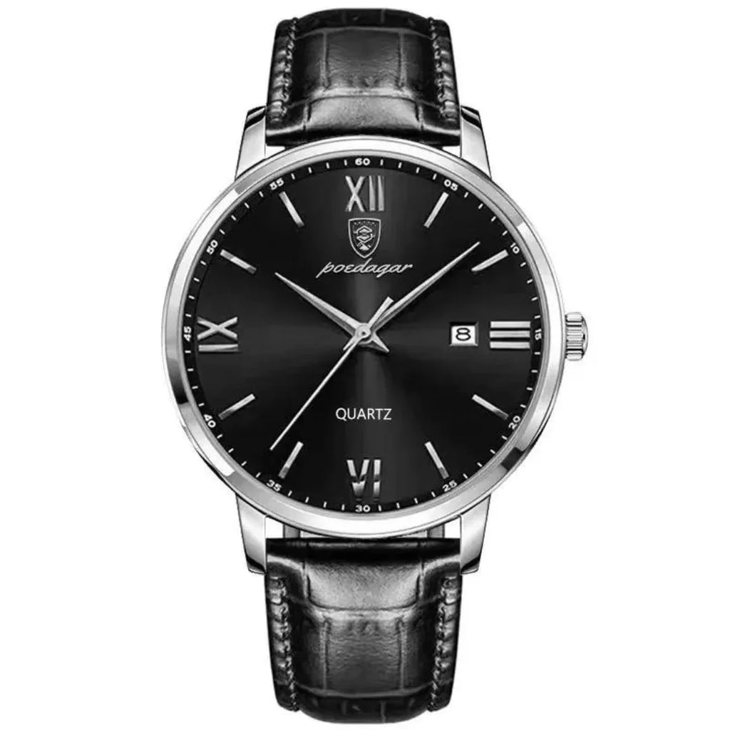 Men's Luxury Quartz Watch with Leather Strap & Luminous Dial – Elegant Waterproof Business Timepiece Silver Black