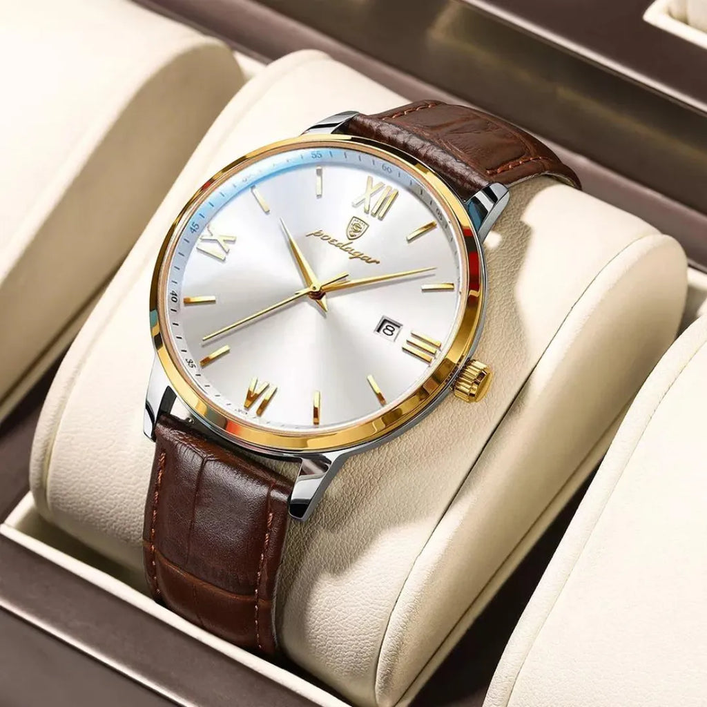 Men's Luxury Quartz Watch with Leather Strap & Luminous Dial – Elegant Waterproof Business Timepiece