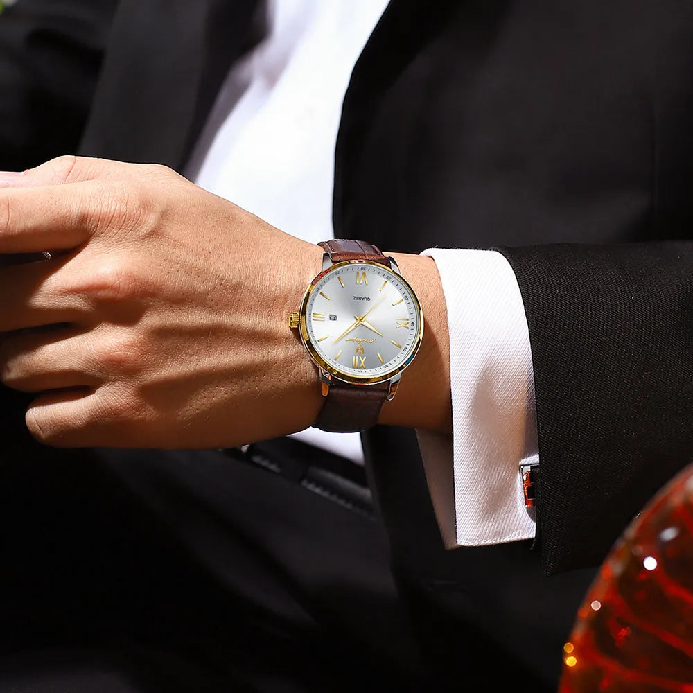 Men's Luxury Quartz Watch with Leather Strap & Luminous Dial – Elegant Waterproof Business Timepiece