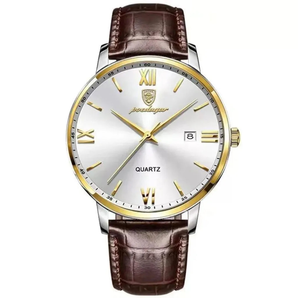 Men's Luxury Quartz Watch with Leather Strap & Luminous Dial – Elegant Waterproof Business Timepiece Gold White