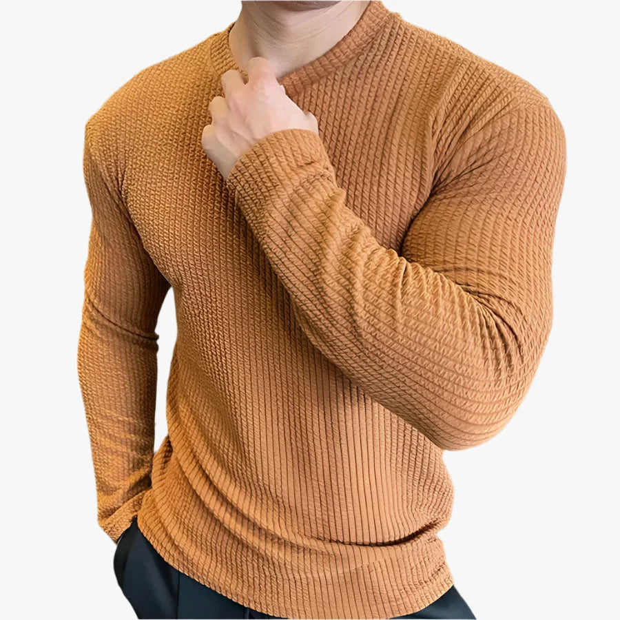 Men’s Oversized Long Sleeve Knitted Cotton-Blend T-Shirt – Breathable O-Neck Casual Streetwear Tee for Spring & Autumn Khaki