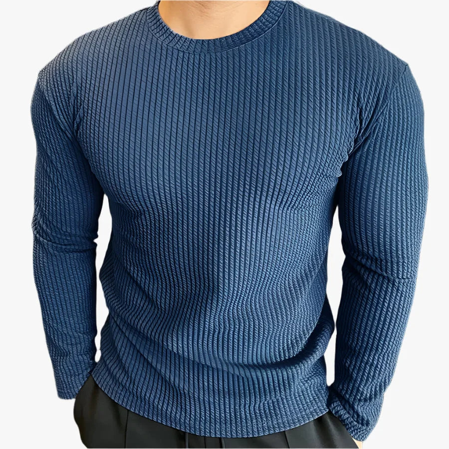 Men’s Oversized Long Sleeve Knitted Cotton-Blend T-Shirt – Breathable O-Neck Casual Streetwear Tee for Spring & Autumn Blue