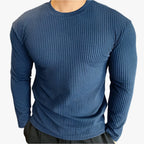 Men’s Oversized Long Sleeve Knitted Cotton-Blend T-Shirt – Breathable O-Neck Casual Streetwear Tee for Spring & Autumn Blue
