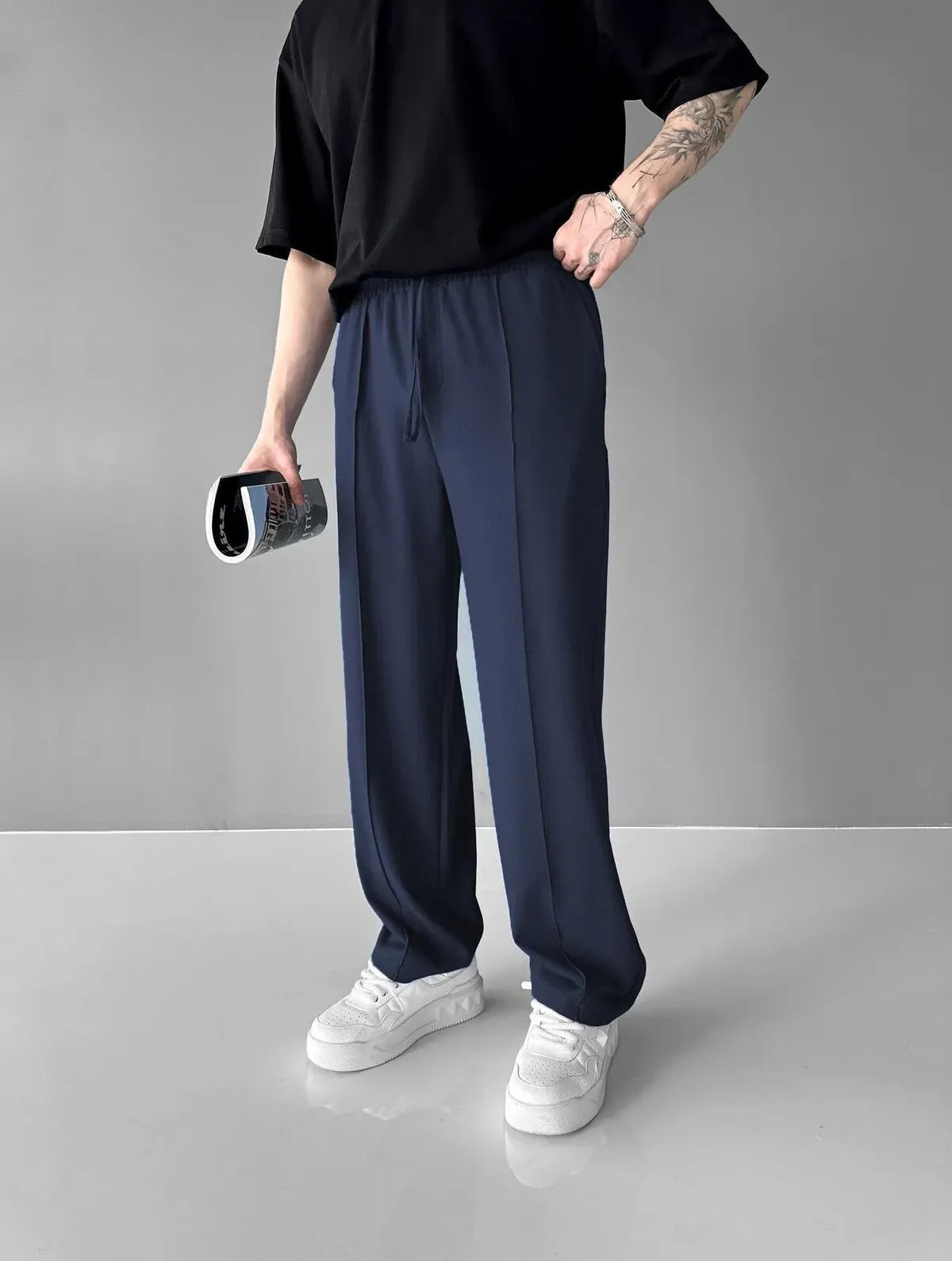 Men’s Pleated Drawstring Trousers – Wide Leg Smart Casual Chinos for Everyday Comfort Navy