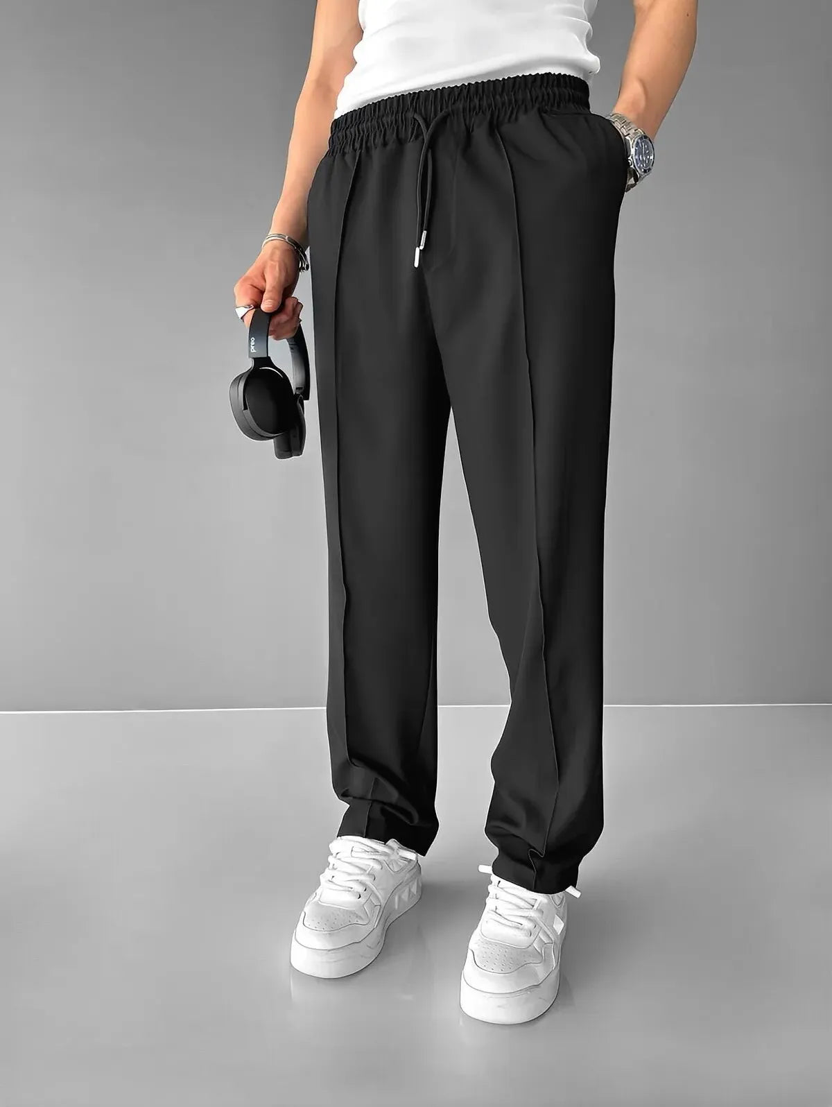Men’s Pleated Drawstring Trousers – Wide Leg Smart Casual Chinos for Everyday Comfort Black