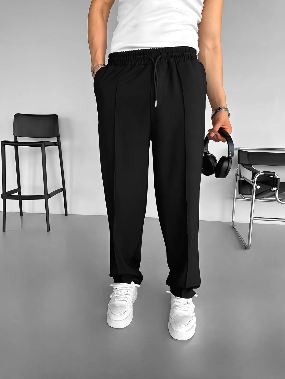 Men’s Pleated Drawstring Trousers – Wide Leg Smart Casual Chinos for Everyday Comfort