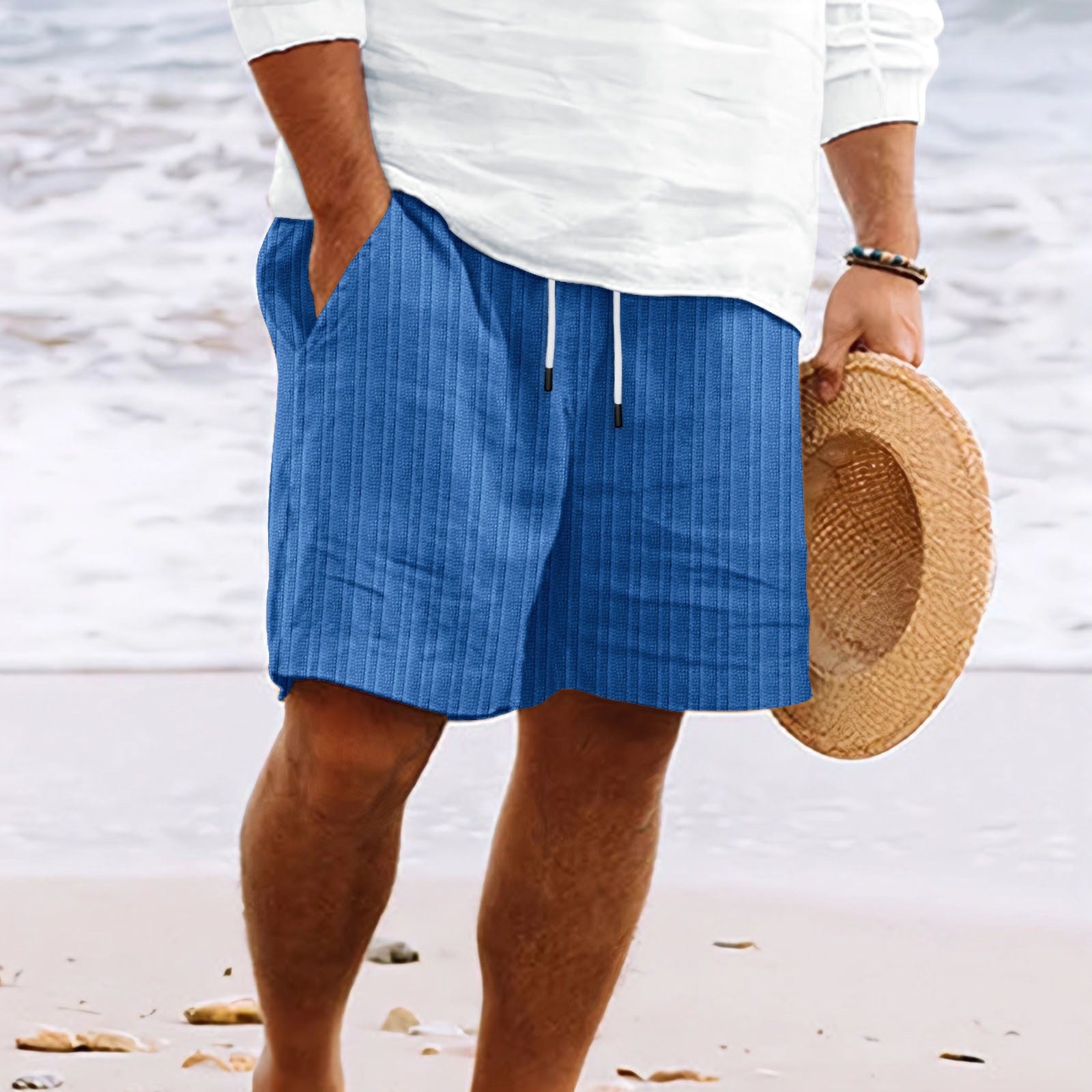 Men's Relaxed Fit Cotton Linen Blend Shorts with Drawstring Waist & Pockets Blue