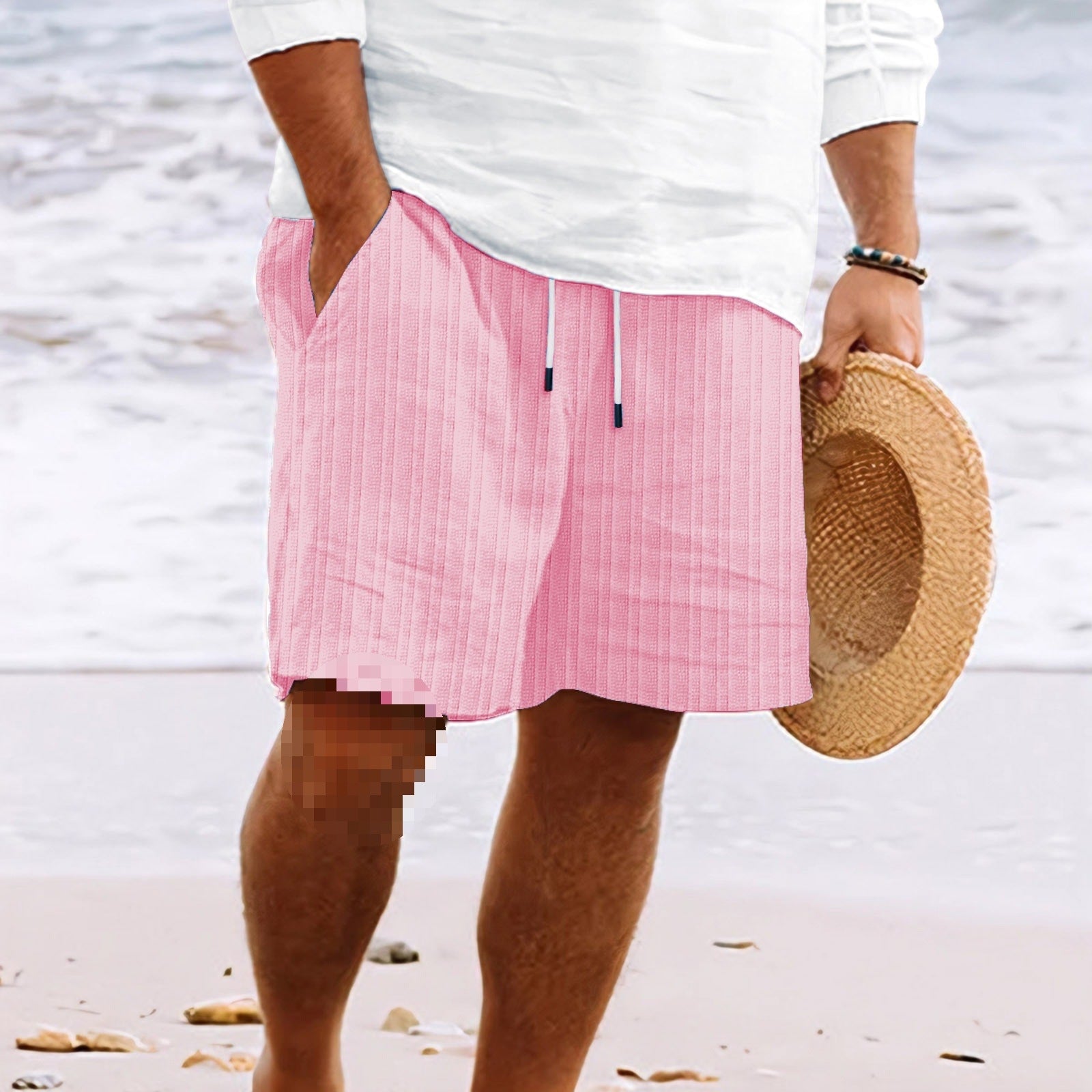 Men's Relaxed Fit Cotton Linen Blend Shorts with Drawstring Waist & Pockets Pink