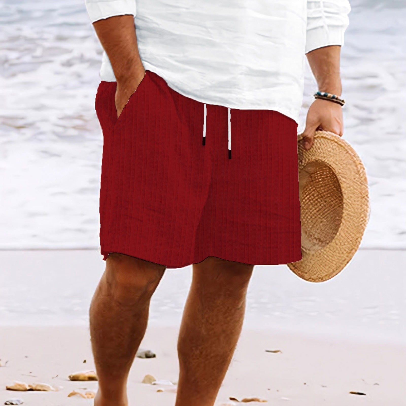 Men's Relaxed Fit Cotton Linen Blend Shorts with Drawstring Waist & Pockets Bordeaux