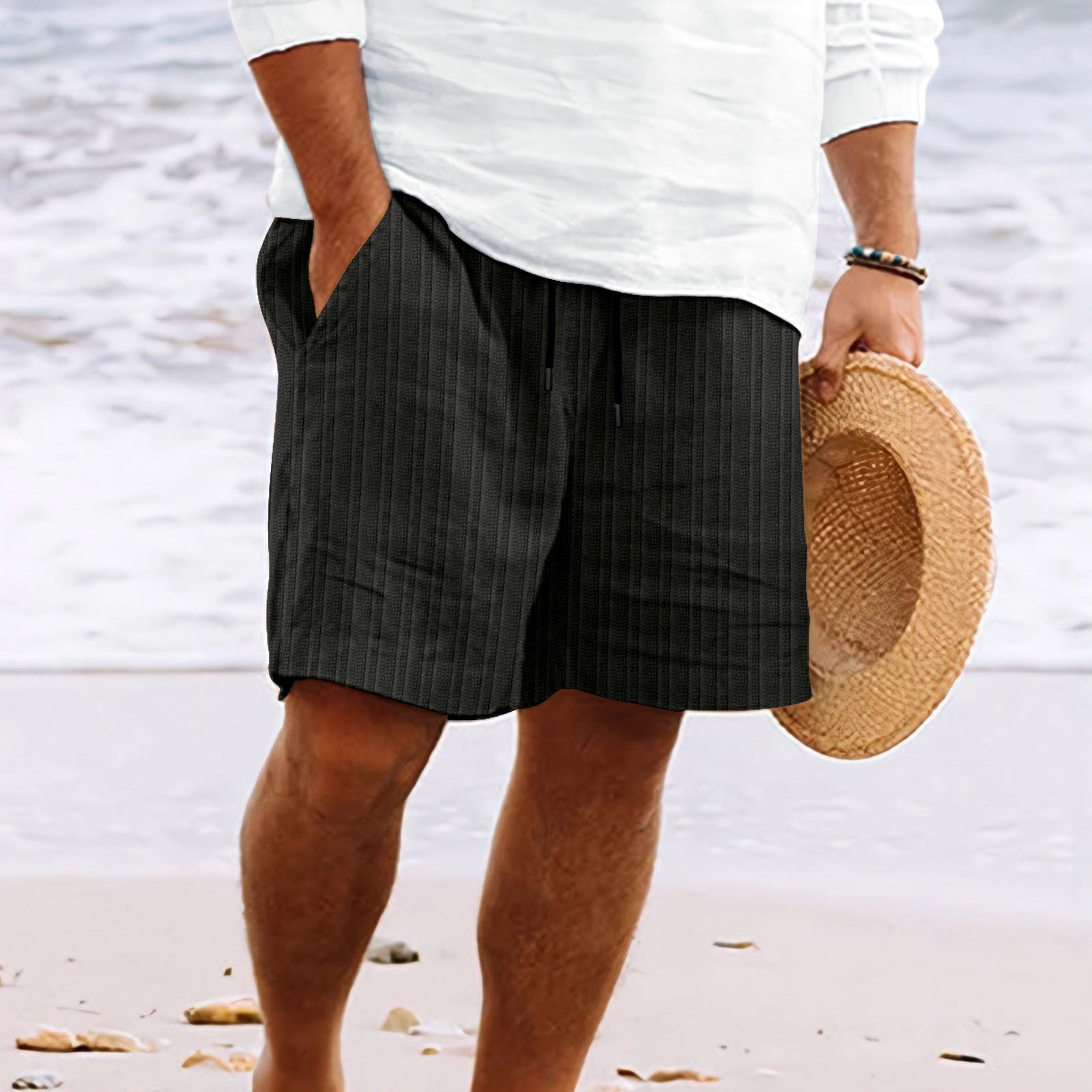 Men's Relaxed Fit Cotton Linen Blend Shorts with Drawstring Waist & Pockets Black