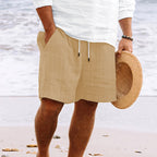 Men's Relaxed Fit Cotton Linen Blend Shorts with Drawstring Waist & Pockets Khaki