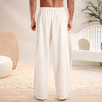 Men's Relaxed Fit Cotton Linen Blend Trousers with Elastic Waist for Summer