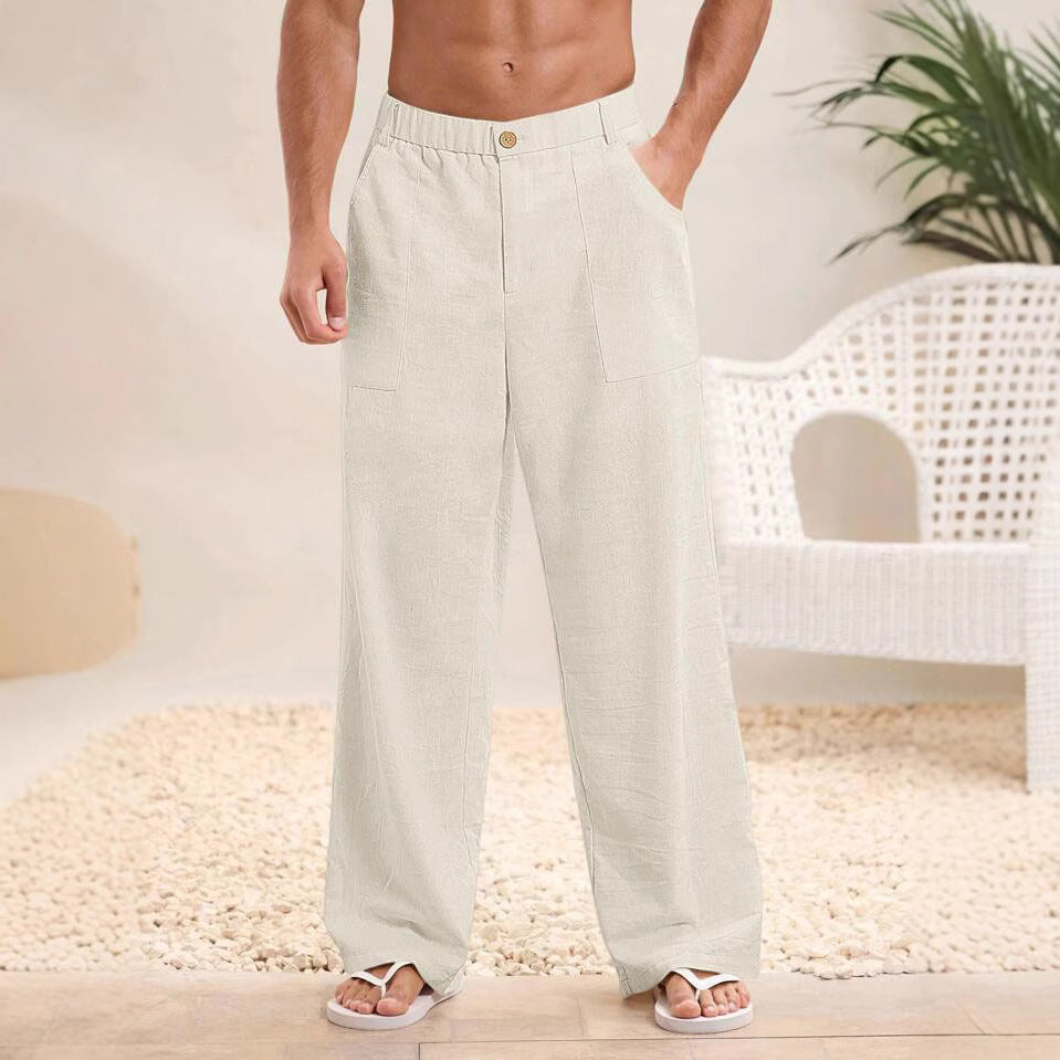 Men's Relaxed Fit Cotton Linen Blend Trousers with Elastic Waist for Summer Light grey