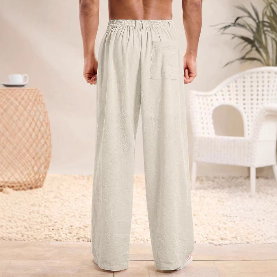 Men's Relaxed Fit Cotton Linen Blend Trousers with Elastic Waist for Summer
