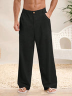 Men's Relaxed Fit Cotton Linen Blend Trousers with Elastic Waist for Summer Black