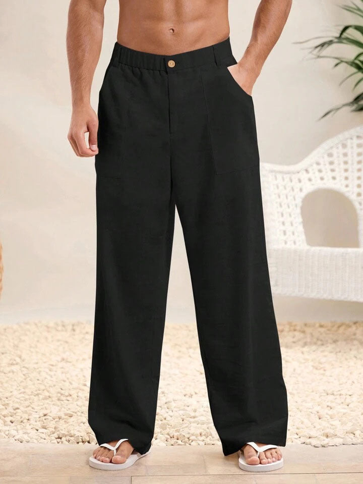 Men's Relaxed Fit Cotton Linen Blend Trousers with Elastic Waist for Summer Black