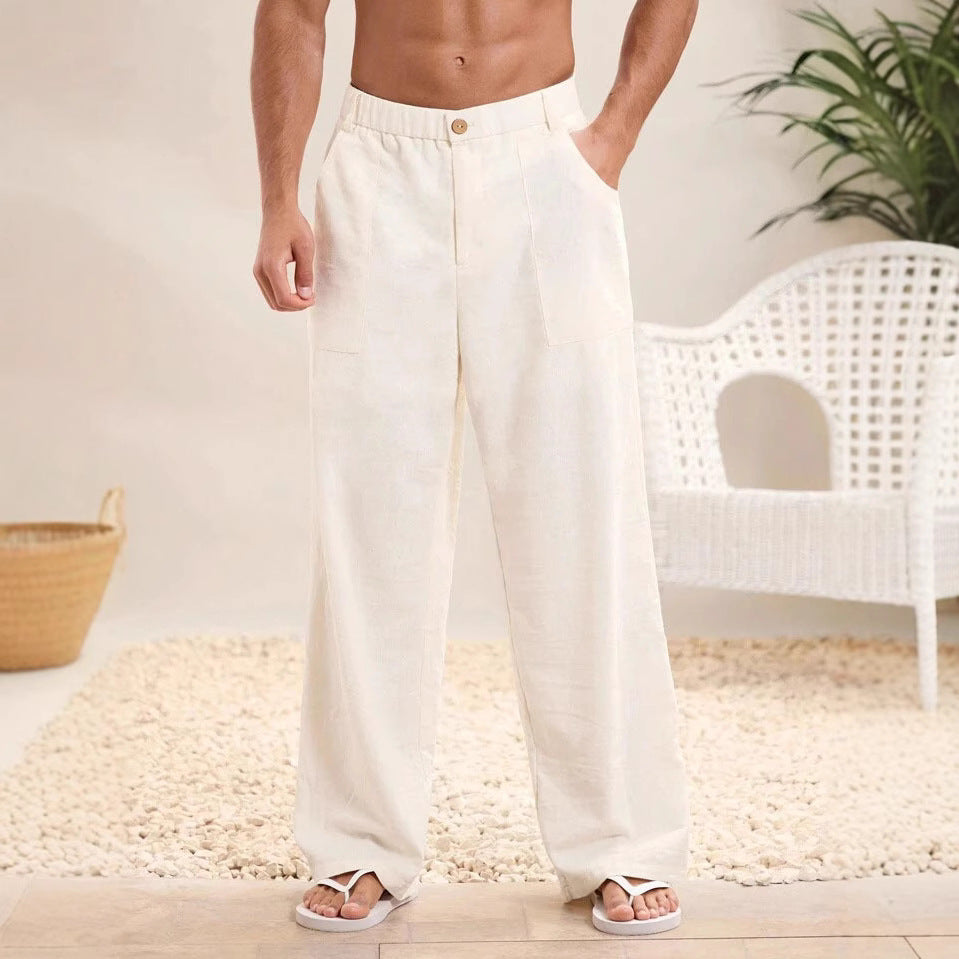 Men's Relaxed Fit Cotton Linen Blend Trousers with Elastic Waist for Summer Off-White
