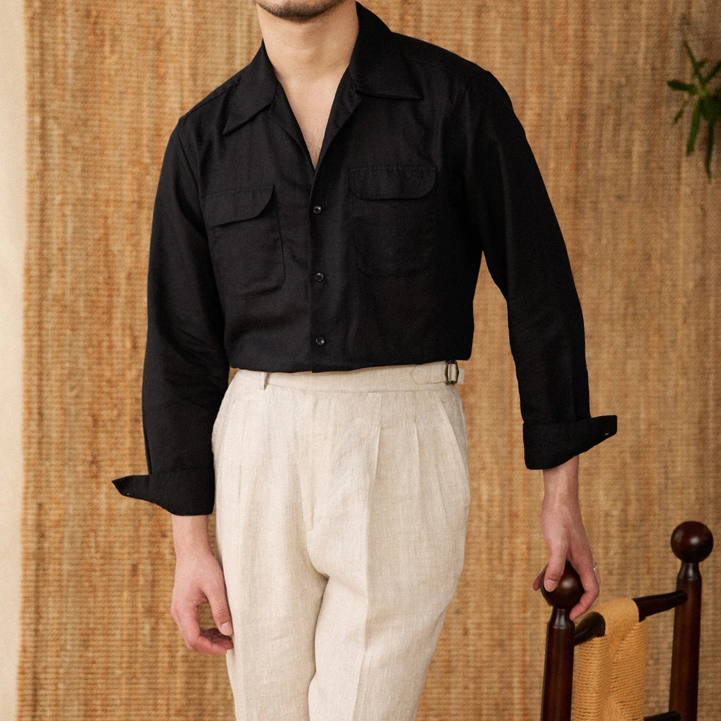 Men's Relaxed Fit Linen Shirt - Long Sleeve Button-Up with Pockets for Summer Casual Wear Black