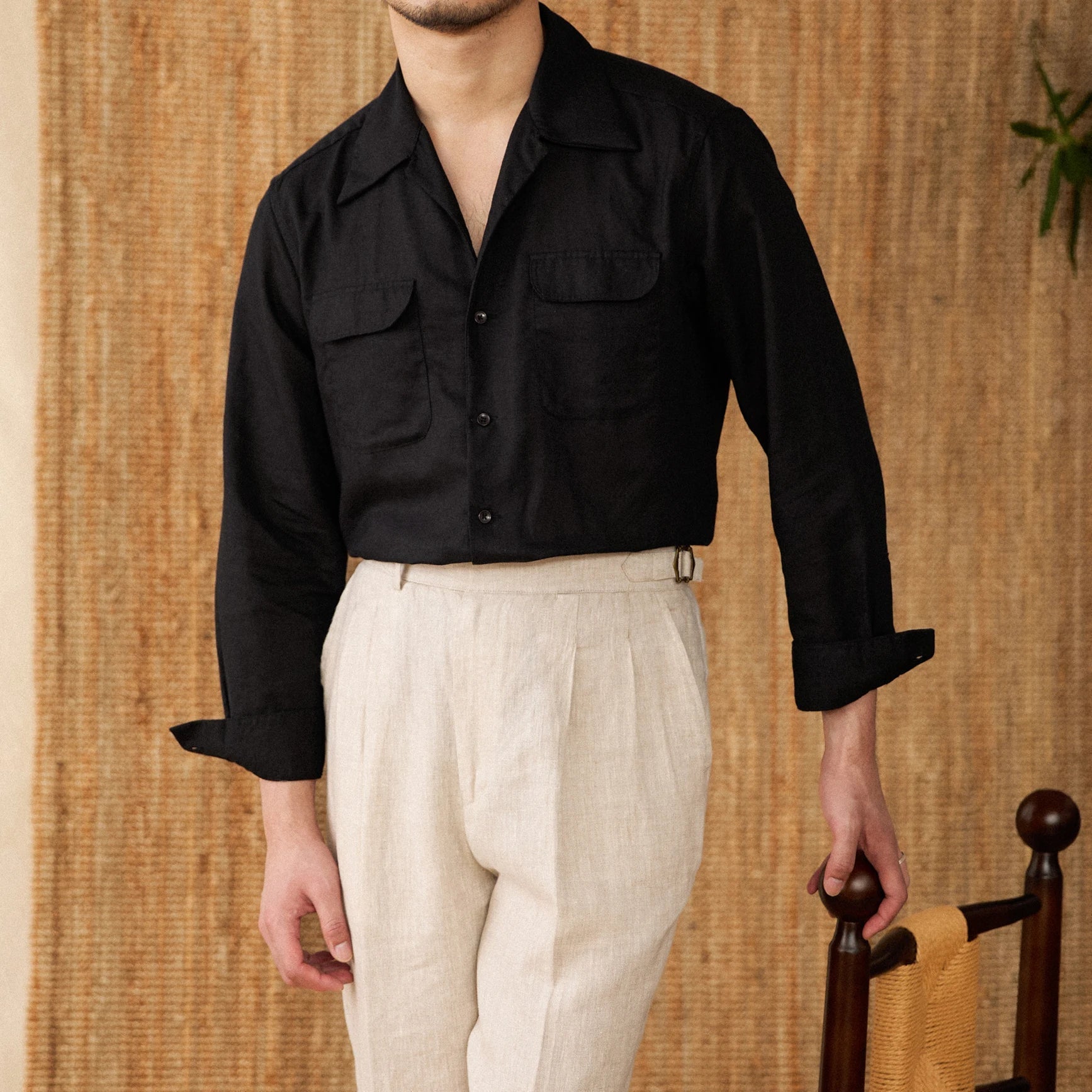 Men's Relaxed Fit Linen Shirt - Long Sleeve Button-Up with Pockets for Summer Casual Wear Black