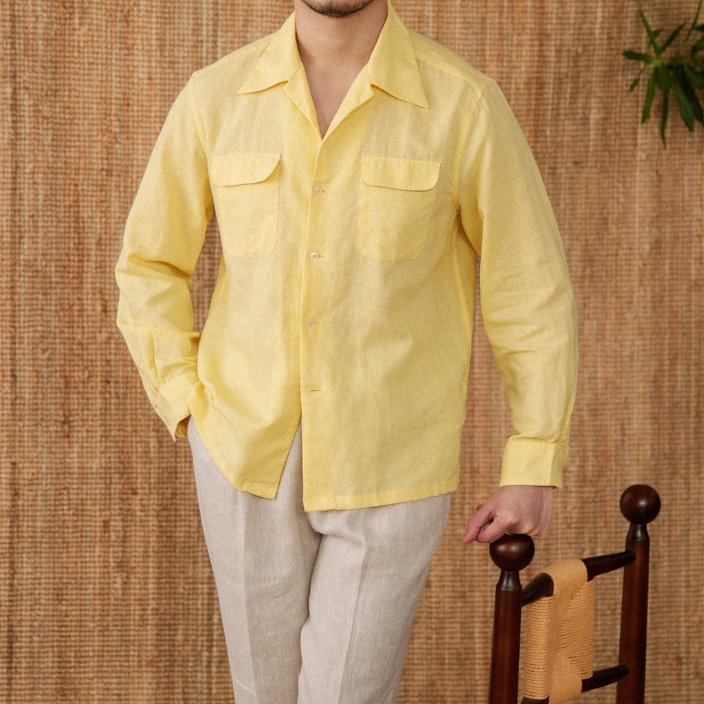 Men's Relaxed Fit Linen Shirt - Long Sleeve Button-Up with Pockets for Summer Casual Wear Beige