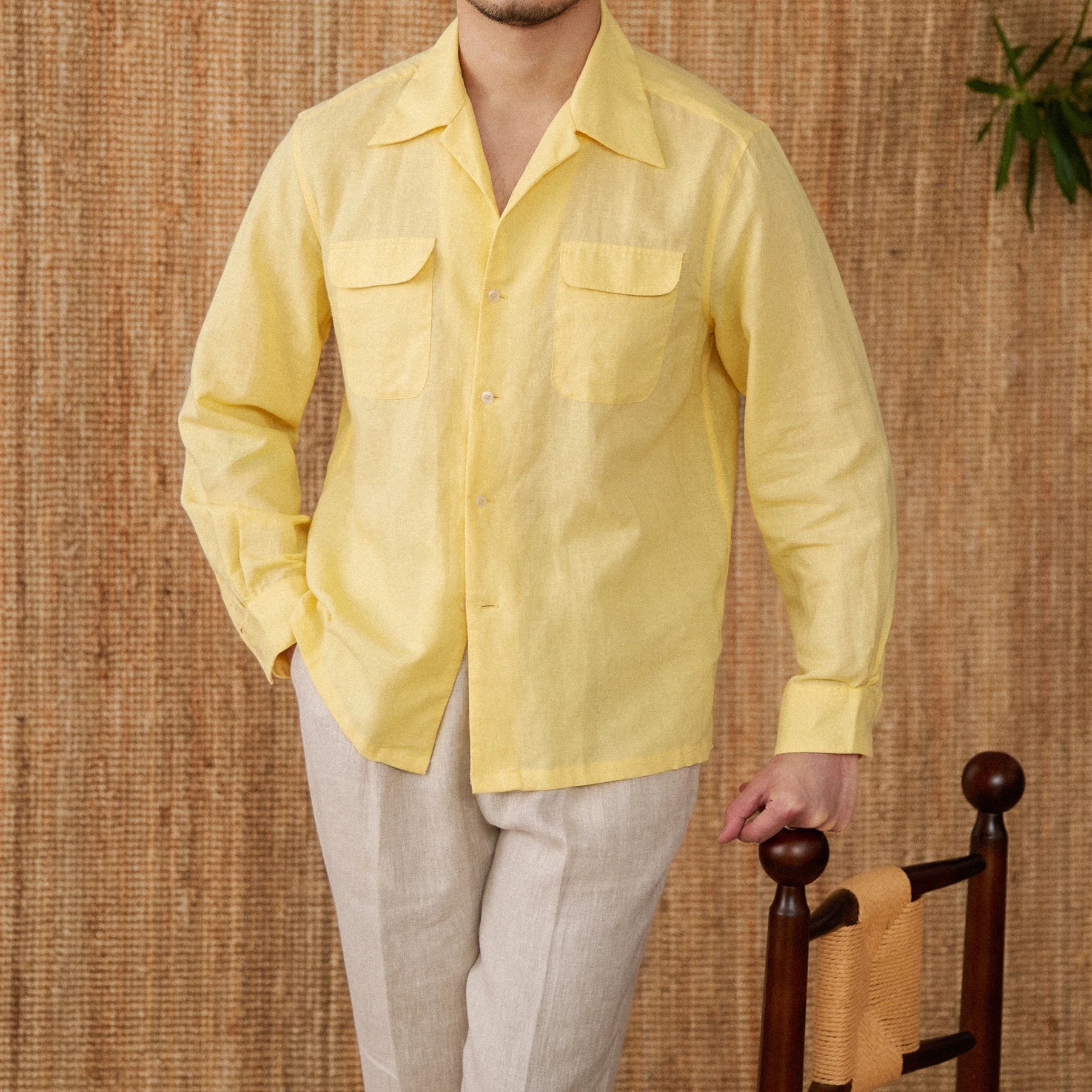 Men's Relaxed Fit Linen Shirt - Long Sleeve Button-Up with Pockets for Summer Casual Wear Beige