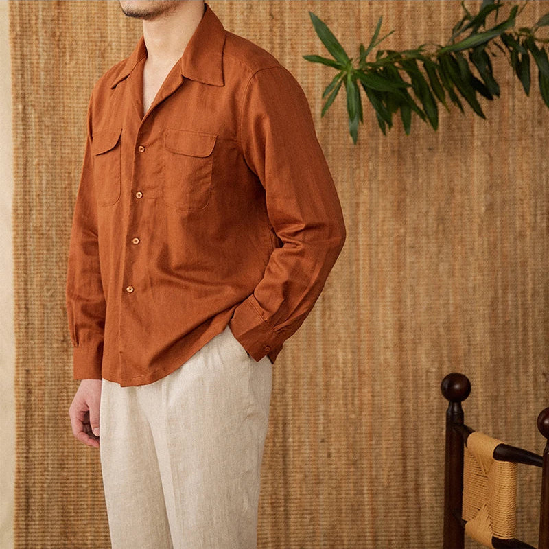 Men's Relaxed Fit Linen Shirt - Long Sleeve Button-Up with Pockets for Summer Casual Wear
