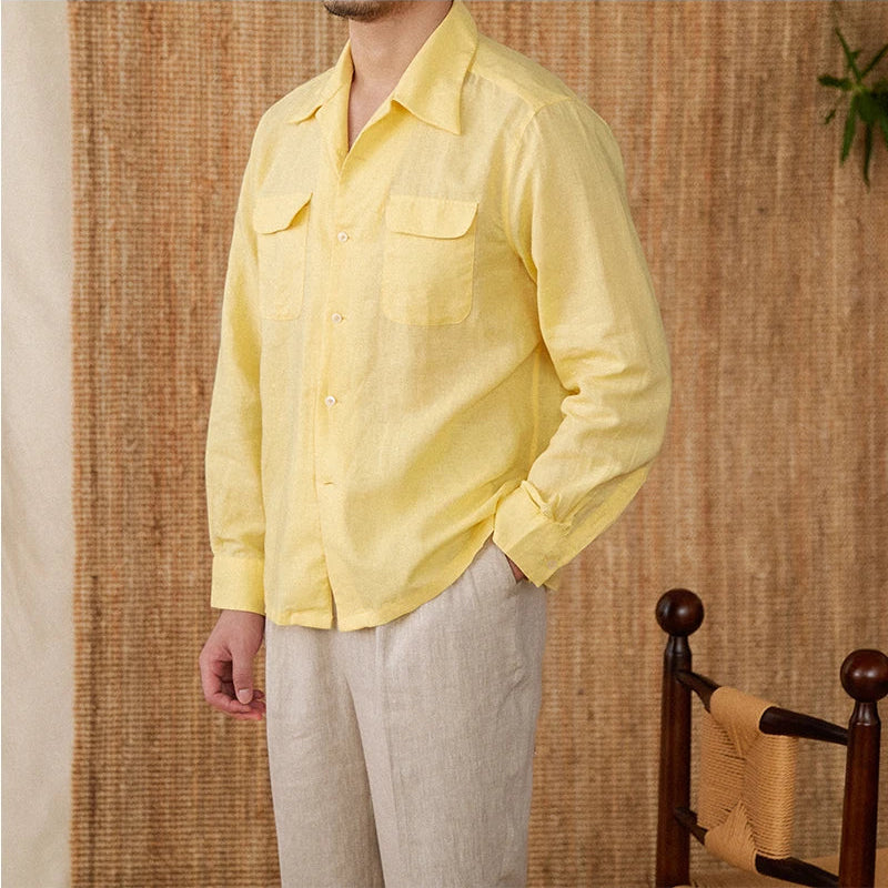 Men's Relaxed Fit Linen Shirt - Long Sleeve Button-Up with Pockets for Summer Casual Wear