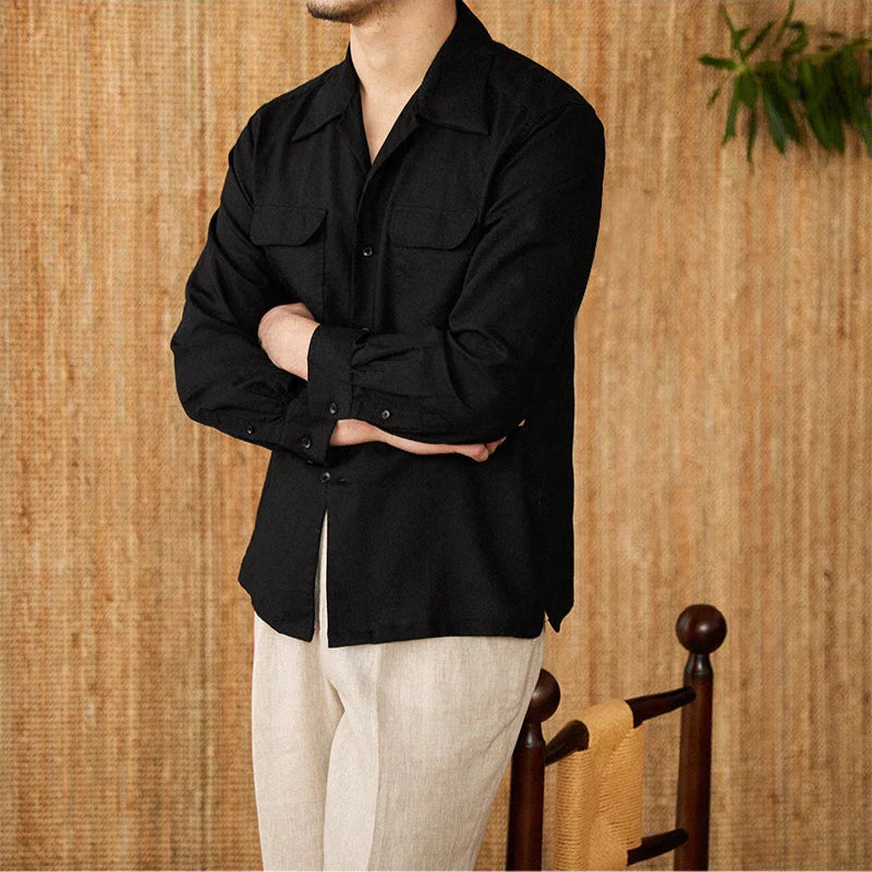 Men's Relaxed Fit Linen Shirt - Long Sleeve Button-Up with Pockets for Summer Casual Wear