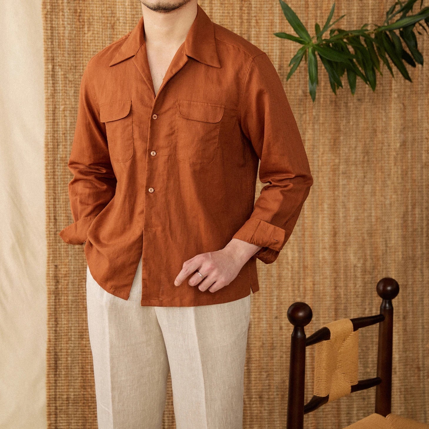 Men's Relaxed Fit Linen Shirt - Long Sleeve Button-Up with Pockets for Summer Casual Wear Brown