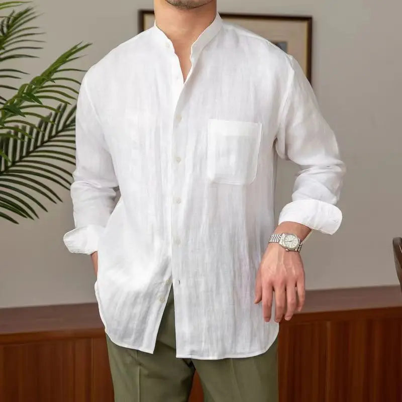 Men's Relaxed Fit Linen Shirt - Long Sleeve Mandarin Collar Casual Wear for Summer White | Long Sleeve