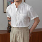 Men's Relaxed Fit Linen Shirt - Long Sleeve Mandarin Collar Casual Wear for Summer White | Short Sleeve