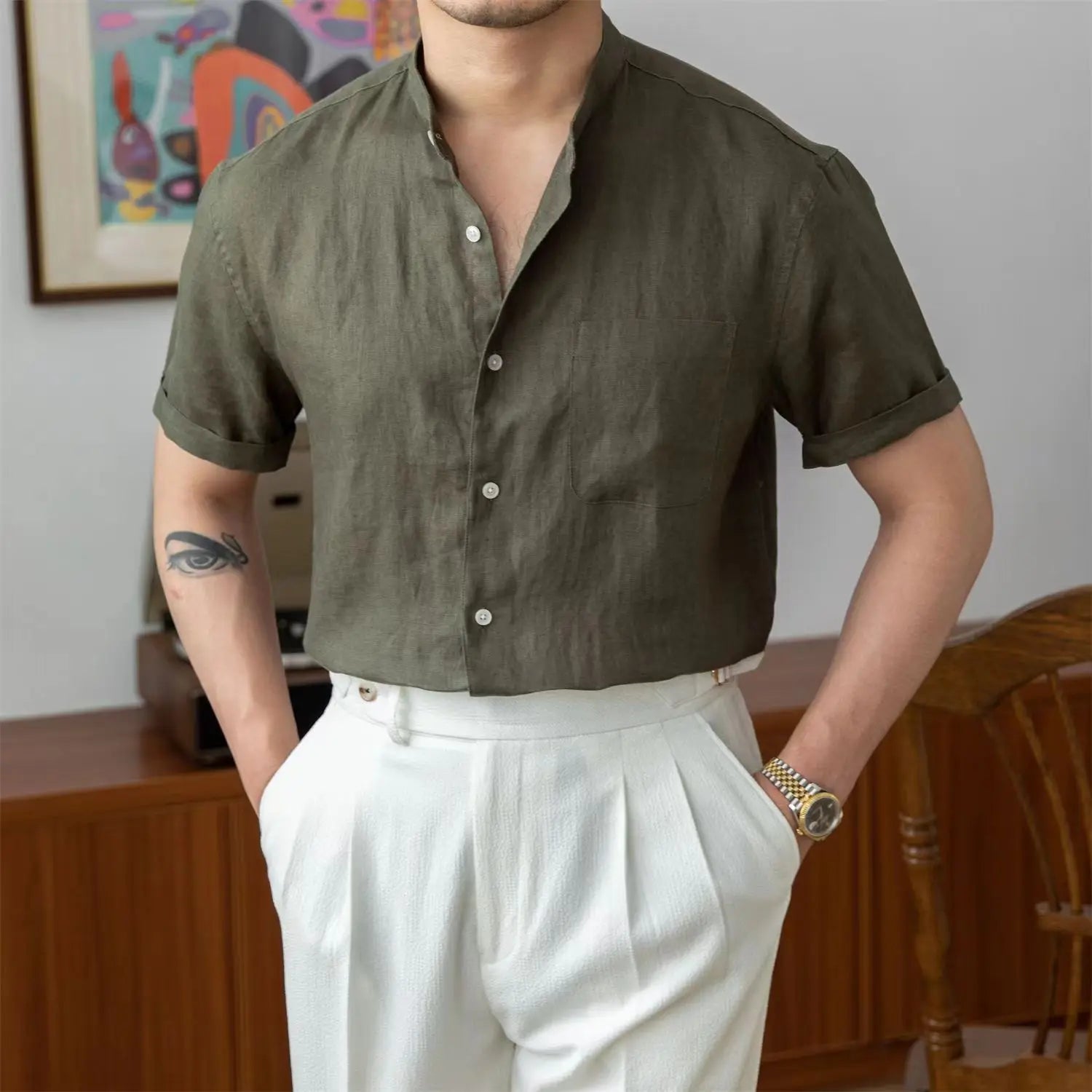 Men's Relaxed Fit Linen Shirt - Long Sleeve Mandarin Collar Casual Wear for Summer Green | Short Sleeve