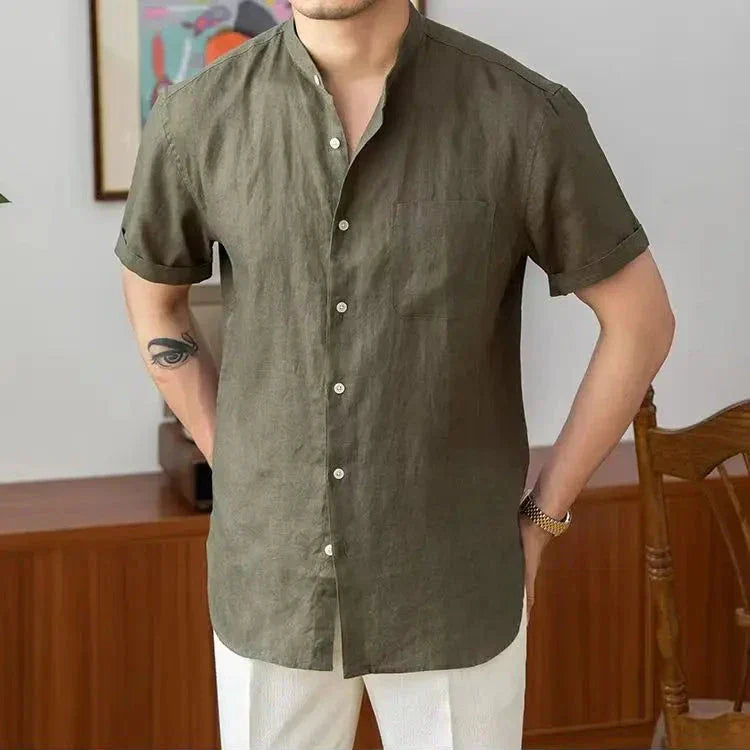 Men's Relaxed Fit Linen Shirt - Long Sleeve Mandarin Collar Casual Wear for Summer