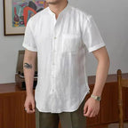 Men's Relaxed Fit Linen Shirt - Long Sleeve Mandarin Collar Casual Wear for Summer
