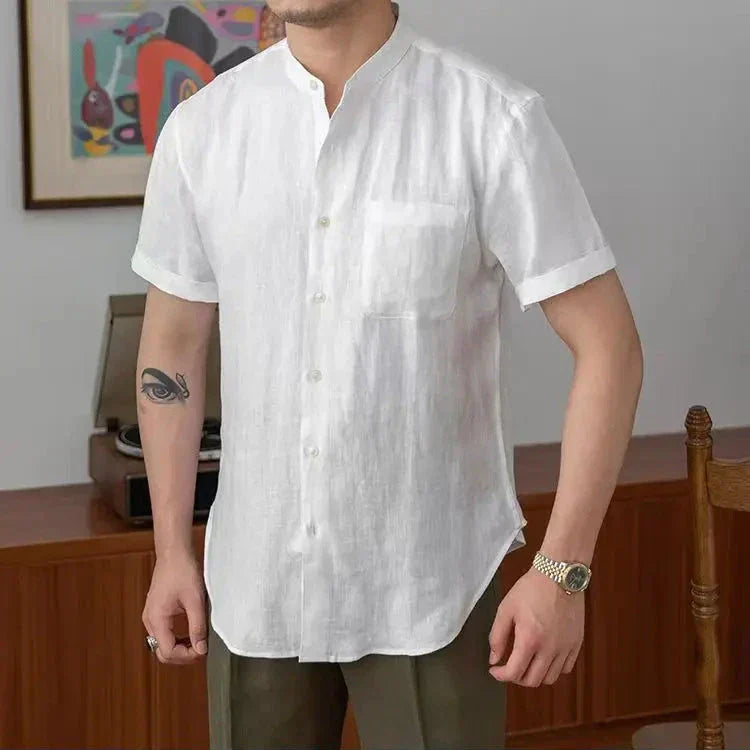 Men's Relaxed Fit Linen Shirt - Long Sleeve Mandarin Collar Casual Wear for Summer