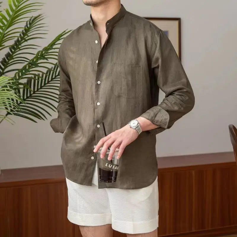 Men's Relaxed Fit Linen Shirt - Long Sleeve Mandarin Collar Casual Wear for Summer Green | Long Sleeve