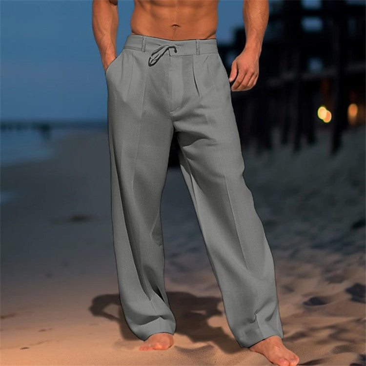 Men's Relaxed Fit Linen Trousers with Drawstring Waist & Pleated Front Grey