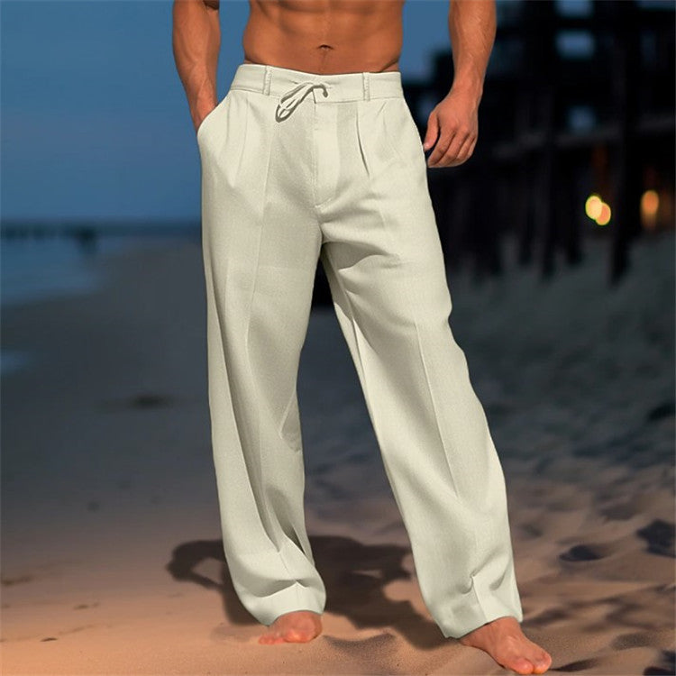 Men's Relaxed Fit Linen Trousers with Drawstring Waist & Pleated Front Khaki