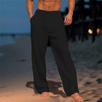 Men's Relaxed Fit Linen Trousers with Drawstring Waist & Pleated Front Black