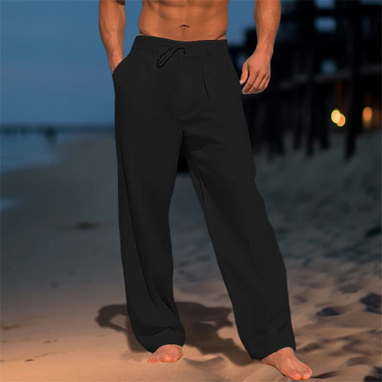 Men's Relaxed Fit Linen Trousers with Drawstring Waist & Pleated Front Black