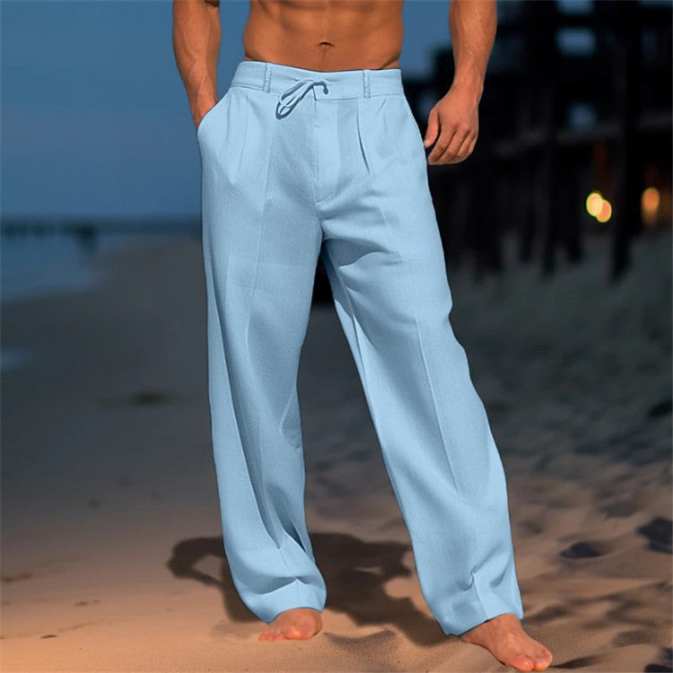 Men's Relaxed Fit Linen Trousers with Drawstring Waist & Pleated Front Light Blue