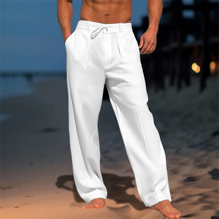 Men's Relaxed Fit Linen Trousers with Drawstring Waist & Pleated Front