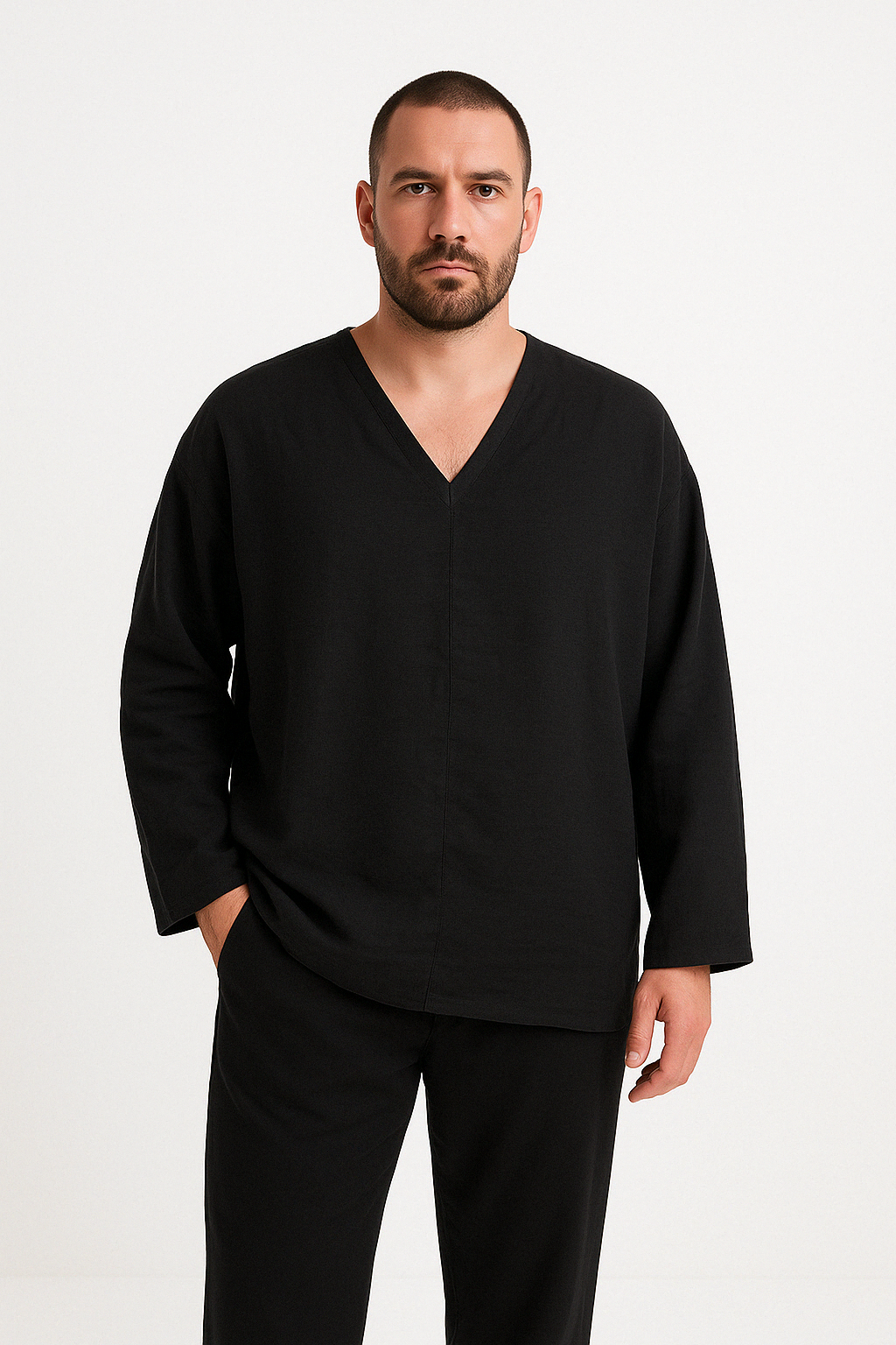 Men's Relaxed Fit Linen V-Neck Shirt - Long Sleeve, Breathable Summer Casual Wear Black