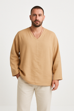 Men's Relaxed Fit Linen V-Neck Shirt - Long Sleeve, Breathable Summer Casual Wear Khaki
