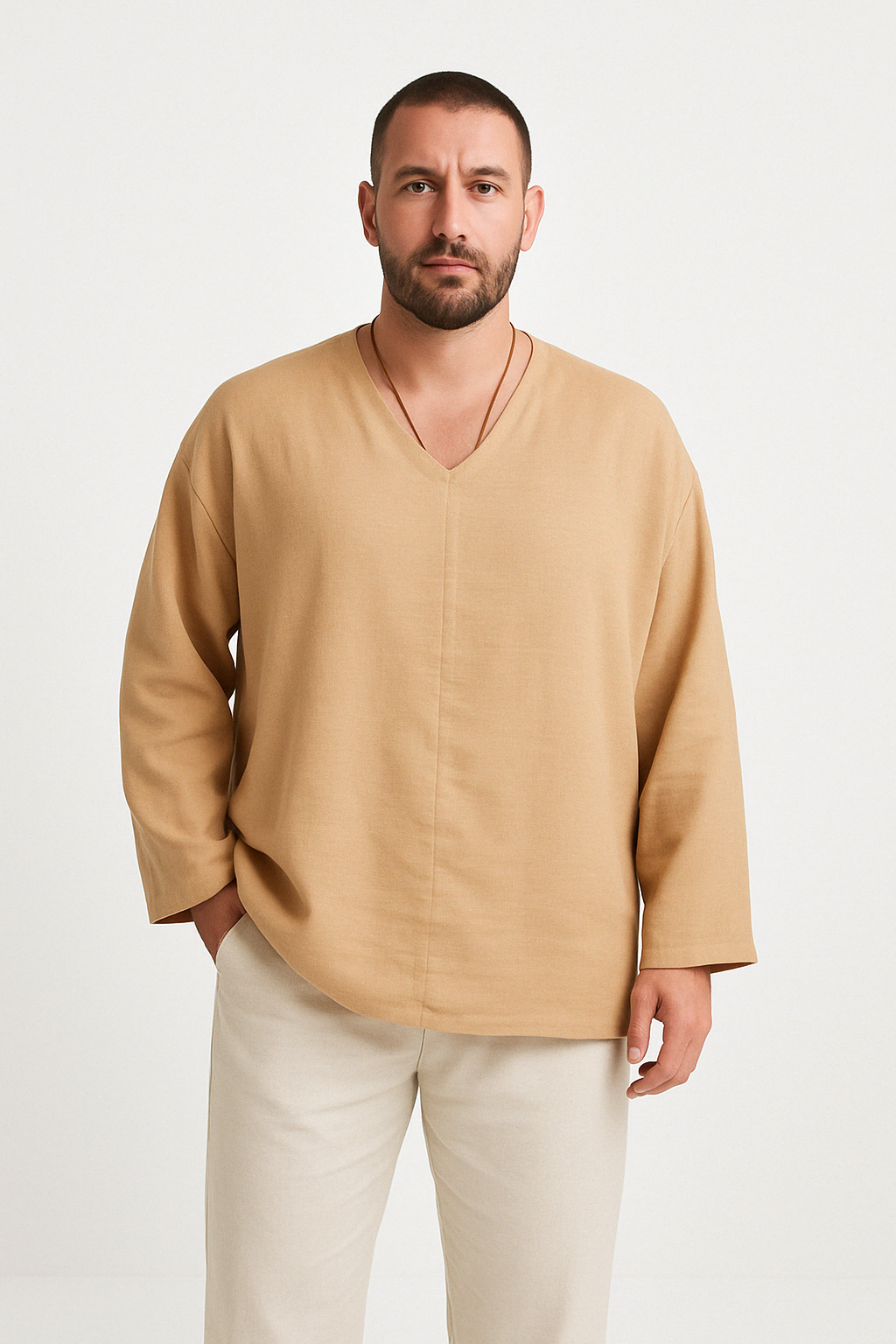 Men's Relaxed Fit Linen V-Neck Shirt - Long Sleeve, Breathable Summer Casual Wear Khaki