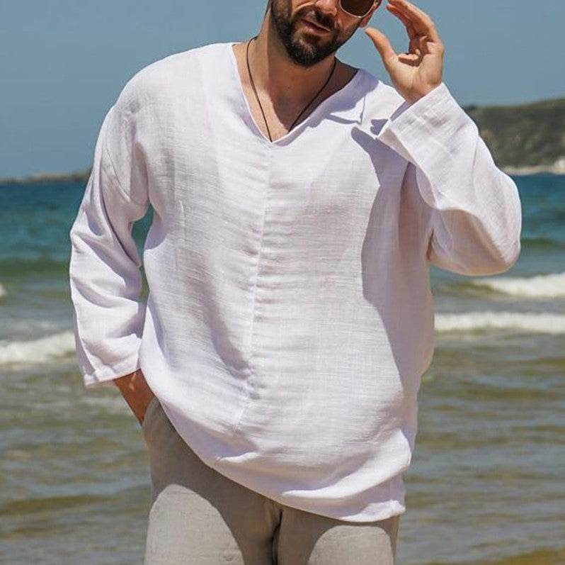Men's Relaxed Fit Linen V-Neck Shirt - Long Sleeve, Breathable Summer Casual Wear